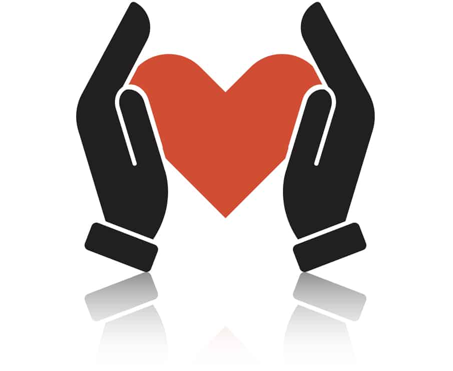 Two black hands framing a red heart, with a reflection at the bottom on a white background. - Matrix Sciences